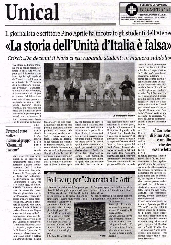 Comunicare il Sud, 23 maggio 2016 con Pino Aprile, Marco Esposito, Livia Blasi e i Giornalisti d'Azione presieduti da Mario Tursi Prato.