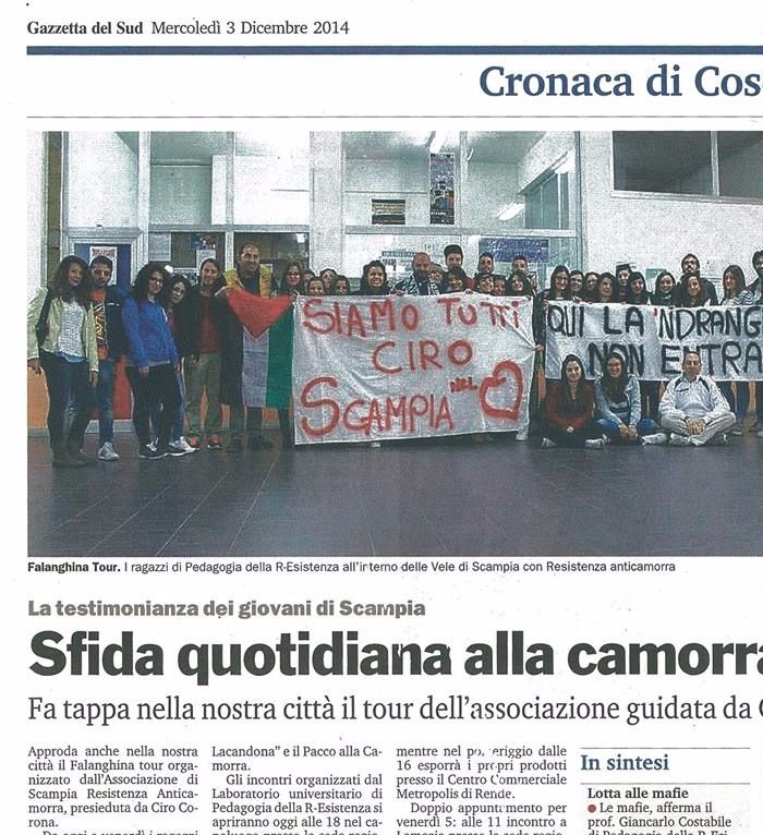 Gazzetta del Sud, cronaca dell'incontro cosentino tra Pedagogia della R-Esistenza e R-Esistenza Anticamorra.