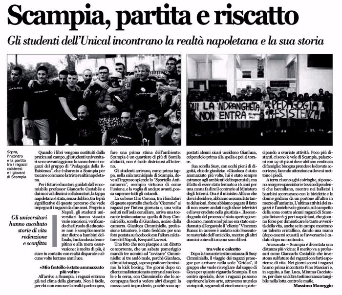 Calabria Ora, pagina 19, cronaca del 1° Forum delle R-Esistenze Meridionali a Scampia.