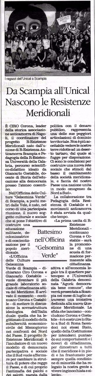 Il Quotidiano del Sud, pagina 21, nascono le R-Esistenze Meridionali.