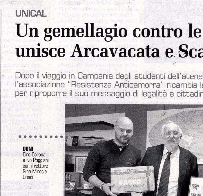 Cronache de Il Garantista, pagina 8, gemellaggio tra Unical e Scampia, alla presenza del Rettore Crisci.