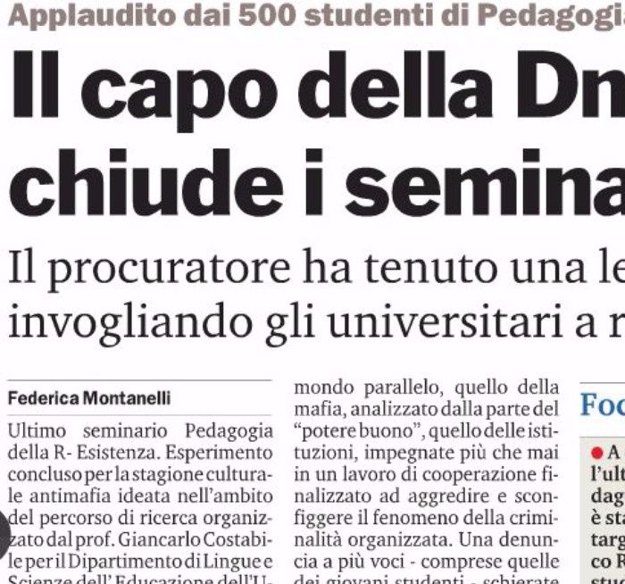 Gazzetta del Sud, pagina 24, Franco Roberti, Procuratore capo della Direzione Nazionale Antimafia, chiude il percorso seminariale di Pedagogia della R-Esistenza.