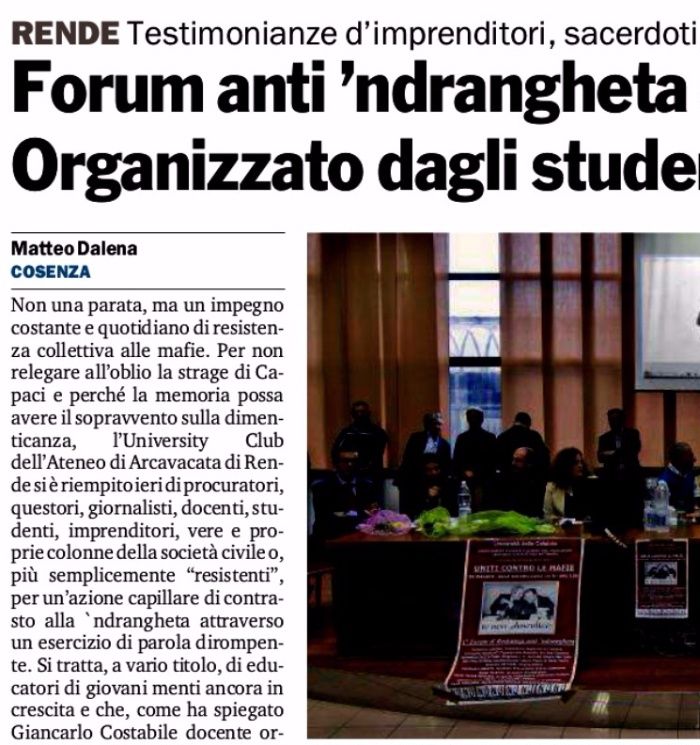 Gazzetta del Sud, pagina 22, 1° Forum anti 'ndrangheta all'Università della Calabria.