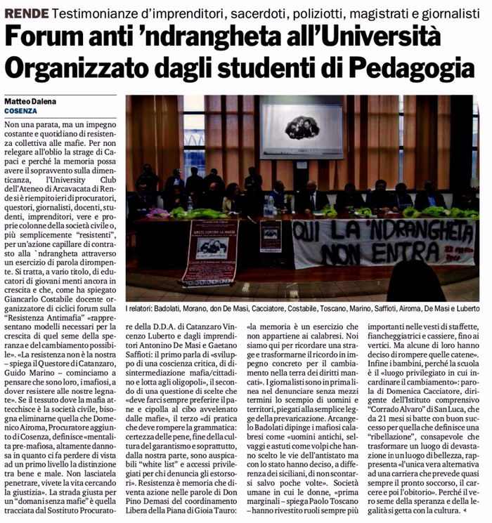 Gazzetta del Sud, pagina 22, 1° Forum anti 'ndrangheta all'Università della Calabria.