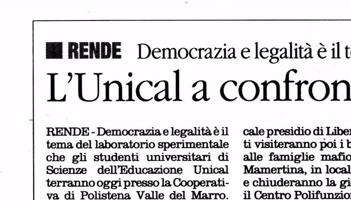 Il Quotidiano del Sud, pagina 22, cronaca del laboratorio di Pedagogia della R-Esistenza a Polistena (Rc) presso la Valle del Marro, cooperativa fondata sui beni confiscati alla 'ndrangheta.