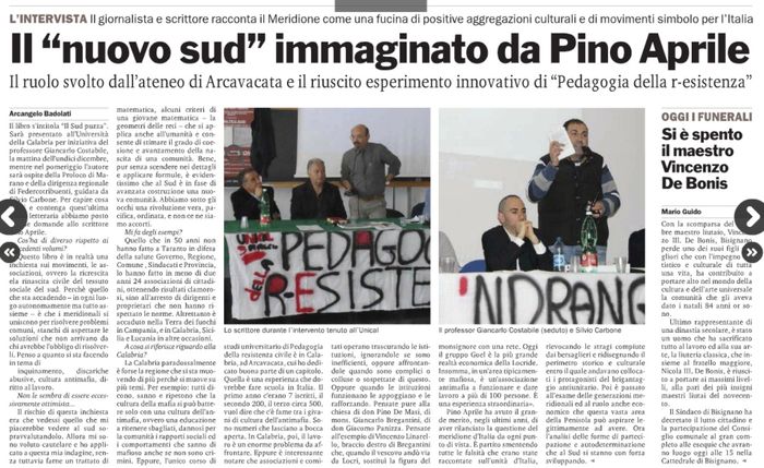 Gazzetta del Sud, pagina 29, Pino Aprile racconta Pedagogia della R-Esistenza.