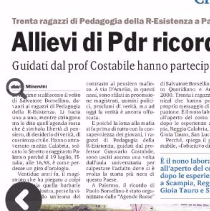 Gazzetta del Sud, pagina 25, cronaca del viaggio a Palermo degli Studenti di PdR per ricordare Borsellino. Nella foto, l'incontro con il fratello Salvatore del giudice ucciso dalla mafia il 19 luglio 1992.