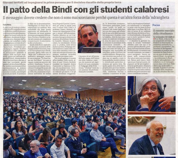 Gazzetta del Sud, pagina 22, Rosy Bindi, Presidente della Commissione parlamentare antimafia incontra gli Studenti di Pedagogia della R-Esistenza.