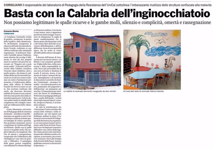 Gazzetta del Sud, pagina 32, la denuncia di Pedagogia della R-Esistenza sull'asilo di Corigliano.
