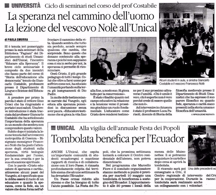 Il Quotidiano del Sud, pagina 16, PdR incontra il Vescovo di Cosenza.