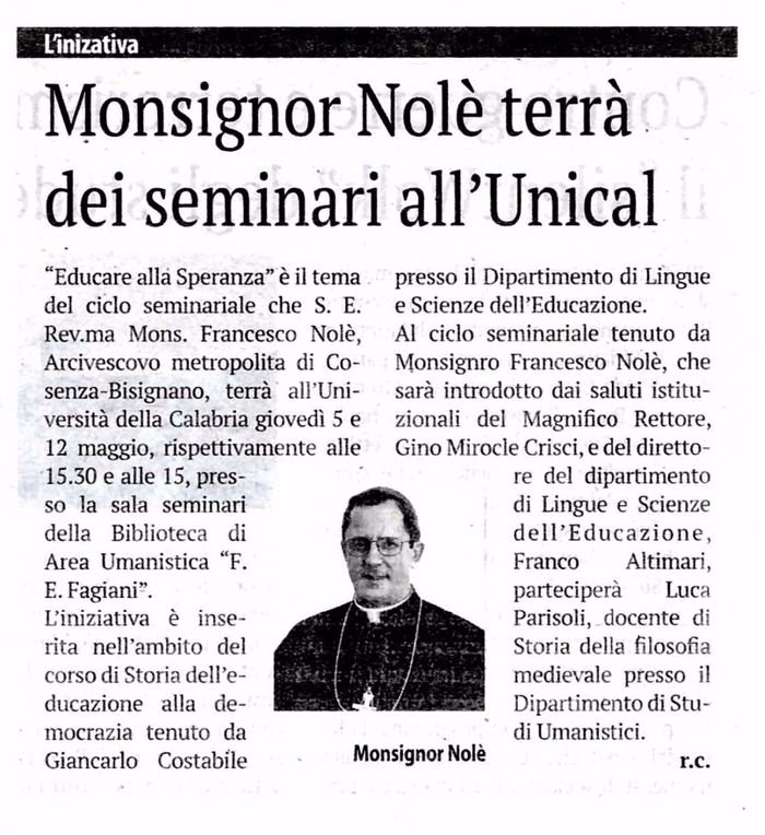La Provincia di Cosenza, pagina 12, PdR incontra il Vescovo di Cosenza Nolè.
