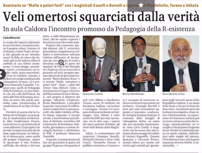 Gazzetta del Sud, pagina 23, PdR incontra L'Espresso e il Giudice Gian Carlo Caselli.