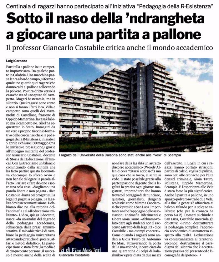 Gazzetta del Sud, pagina 29, la denuncia di Pedagogia della R-Esistenza.