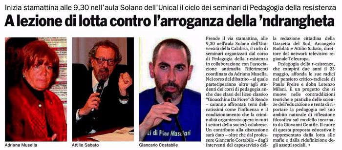 Gazzetta del Sud, pagina 27, seminario di Pedagogia della R-Esistenza.
