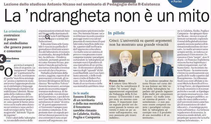 Gazzetta del Sud, pagina 36, Antonio Nicaso parla a Pedagogia della R-Esistenza.
