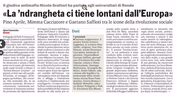 Gazzetta del Sud, pagina 20, Nicola Gratteri parla a Pedagogia della R-Esistenza.