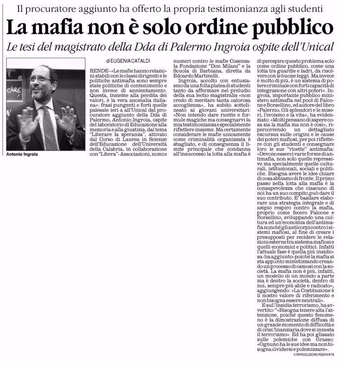 Il Quotidiano della Calabria, pagina 15, PdR incontra il Giudice Antonio Ingrioia.