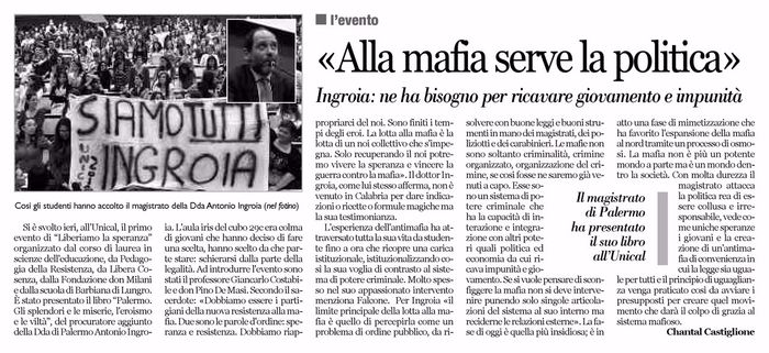 Calabria ora, pagina 22, PdR incontra il Giudice Antonio Ingroia.