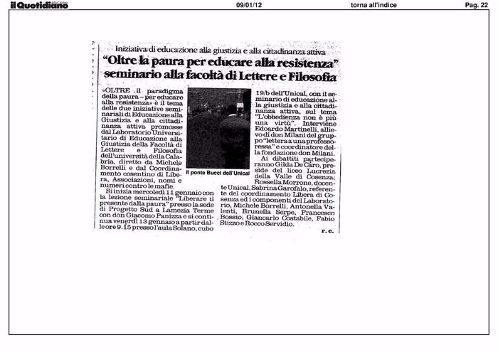 Il Quotidiano della Calabria, pagina 22, sul percorso seminariale di Pedagogia della R-Esistenza.