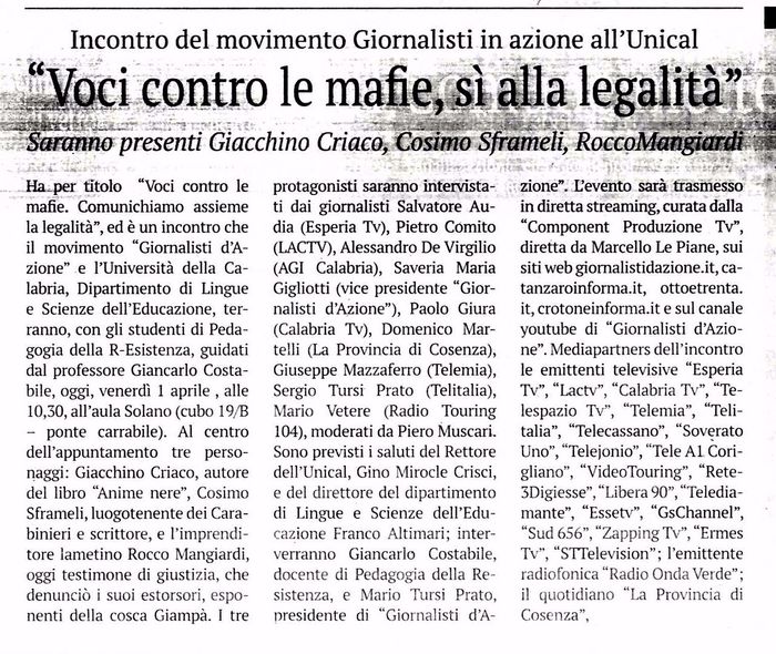 La Provincia di Cosenza, pagina 12, PdR e Giornalisti d'Azione.
