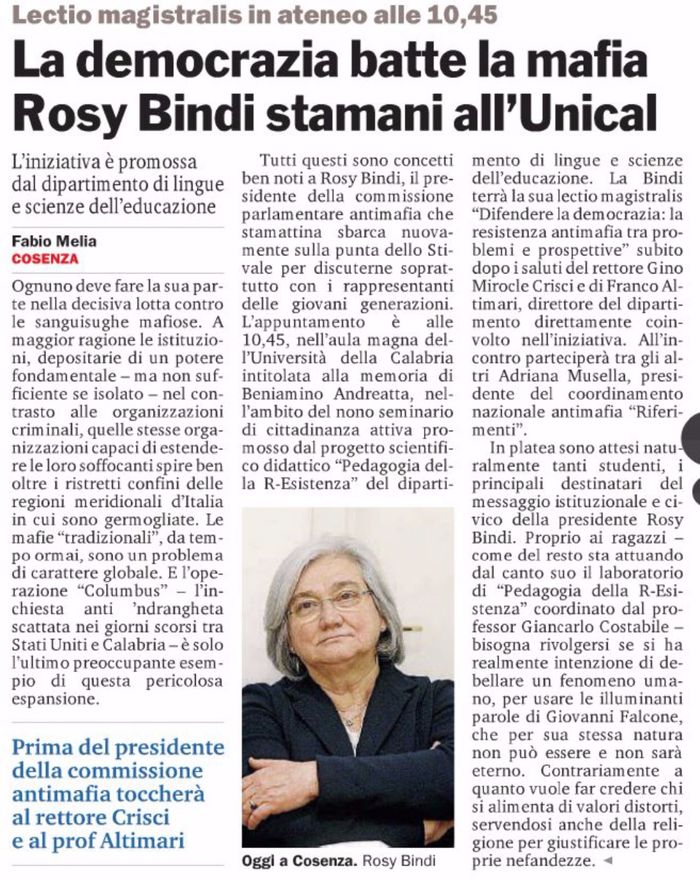 Gazzetta del Sud, pagina 21, PdR e Rosy Bindi.