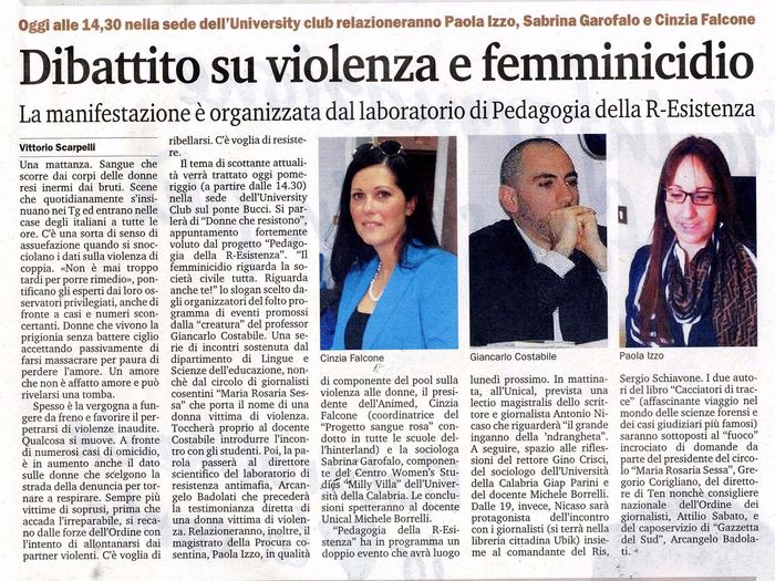 Gazzetta del Sud, pagina 23, seminario su violenza e femminicidio.