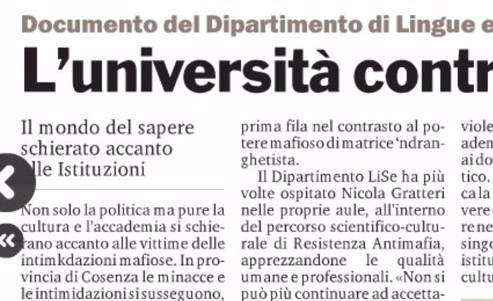 Gazzetta del Sud, pagina 29, il Dipartimento LiSe a sostegno di Gratteri.