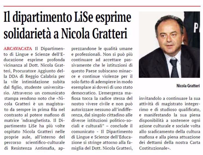 La Provincia di Cosenza, pagina 12, il Dipartimento Lise a sostegno di Gratteri.
