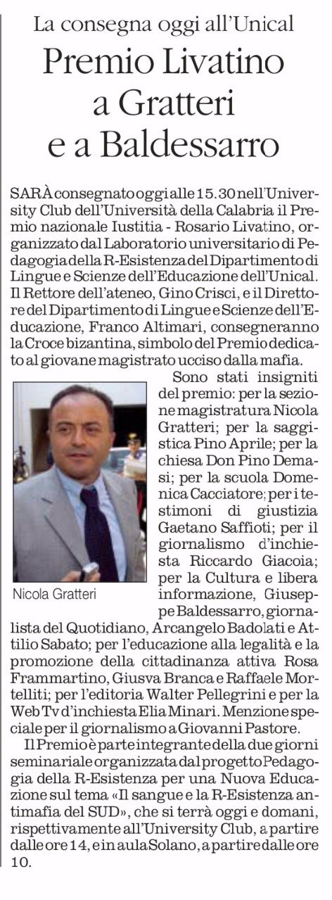 Il Quotidiano del Sud, pagina 42, 1° Premio Livatino.
