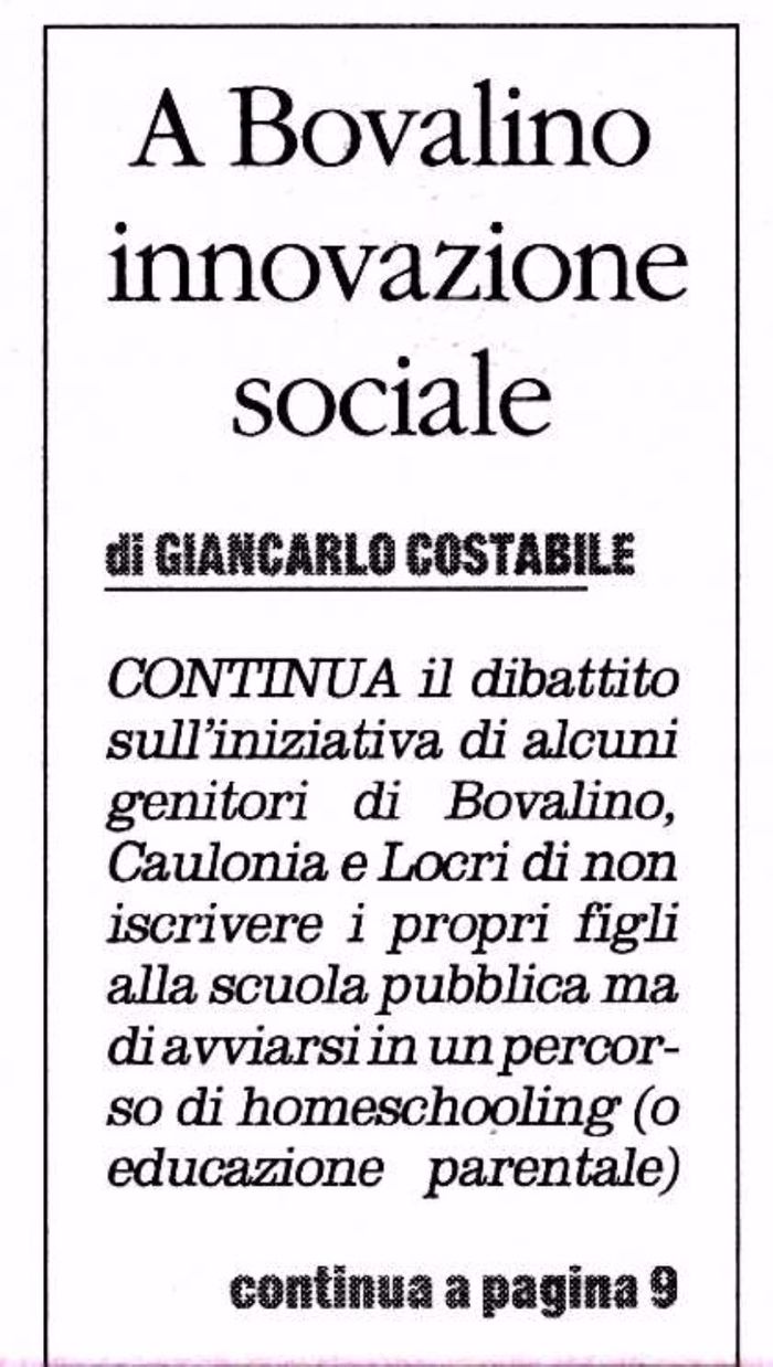 Il Quotidiano del Sud, pagine 1 e 9, articolo sulla Homeschool di Bovalino.