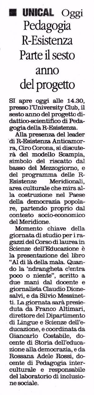 Il Quotidiano del Sud, a pagina 16, lancia il 6° anno di Pedagogia della R-Esistenza.