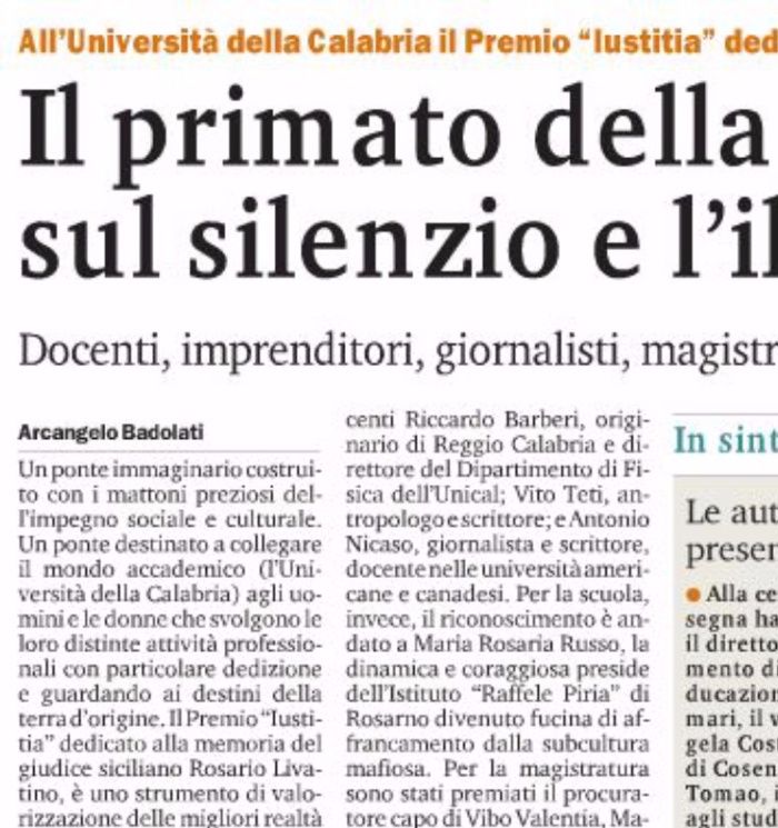 Gazzetta del Sud, pagina 23, 2° Premio Livatino di PdR.