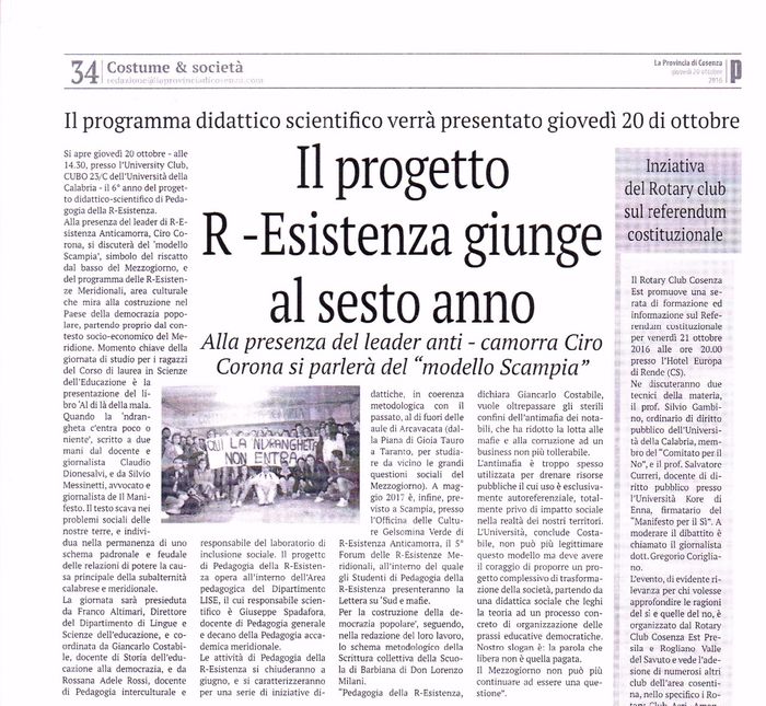 La Provincia di Cosenza, pagina 34, parla del 6° anno di PdR.