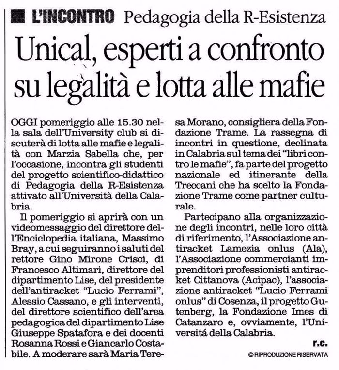 Il Quotidiano del Sud, pagina 20, parla di PdR.