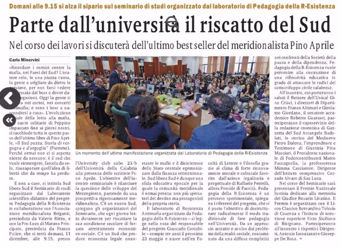 Gazzetta del Sud, pagina 25, apertura del 3° anno di PdR con Pino Aprile.