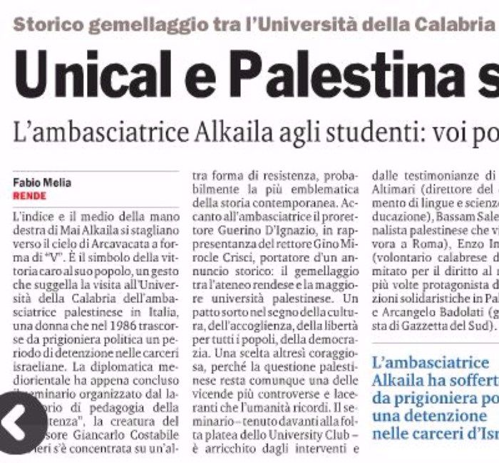 Gazzetta del Sud, pagina 20, PdR incontra l'Ambasciatore della Palestina in Italia.