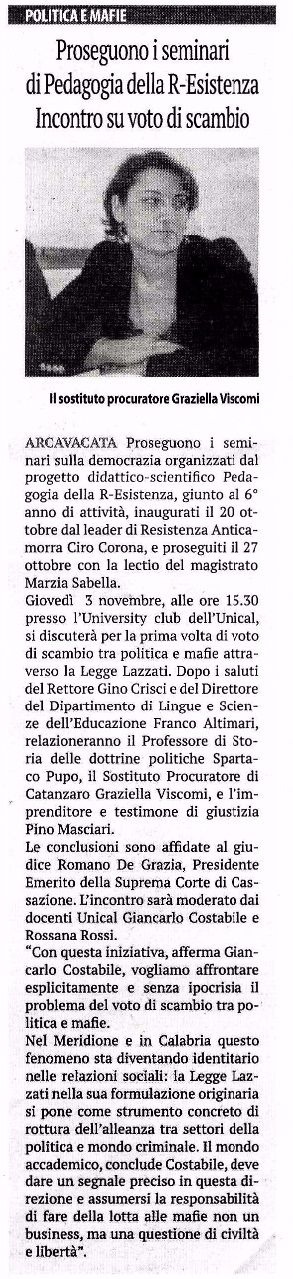 La Provincia di Cosenza, pagina 13, parla dell'iniziativa di PdR sul voto di scambio.