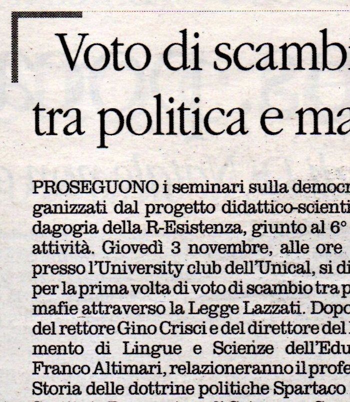 Il Quotidiano del Sud, pagina 17, racconta il seminario di PdR sul voto di scambio tra politica e mafie.
