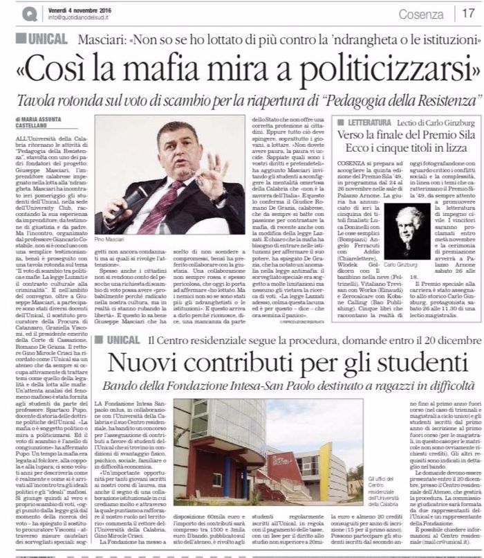 Il Quotidiano del Sud, pagina 17, parla del seminario di PdR sul voto di scambio tra politica e mafie.