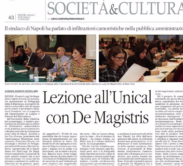 Il Quotidiano del Sud, pagina 43, parla del 70° seminario di PdR con Luigi de Magistris, Sindaco di Napoli.