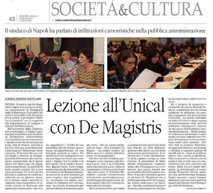 Il Quotidiano del Sud, pagina 43, parla del 70° seminario di PdR con Luigi de Magistris, Sindaco di Napoli.