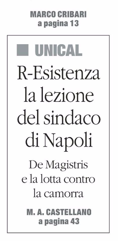 Il Quotidiano del Sud, pagina 1, parla del 70° seminario di PdR con Luigi de Magistris, Sindaco di Napoli.
