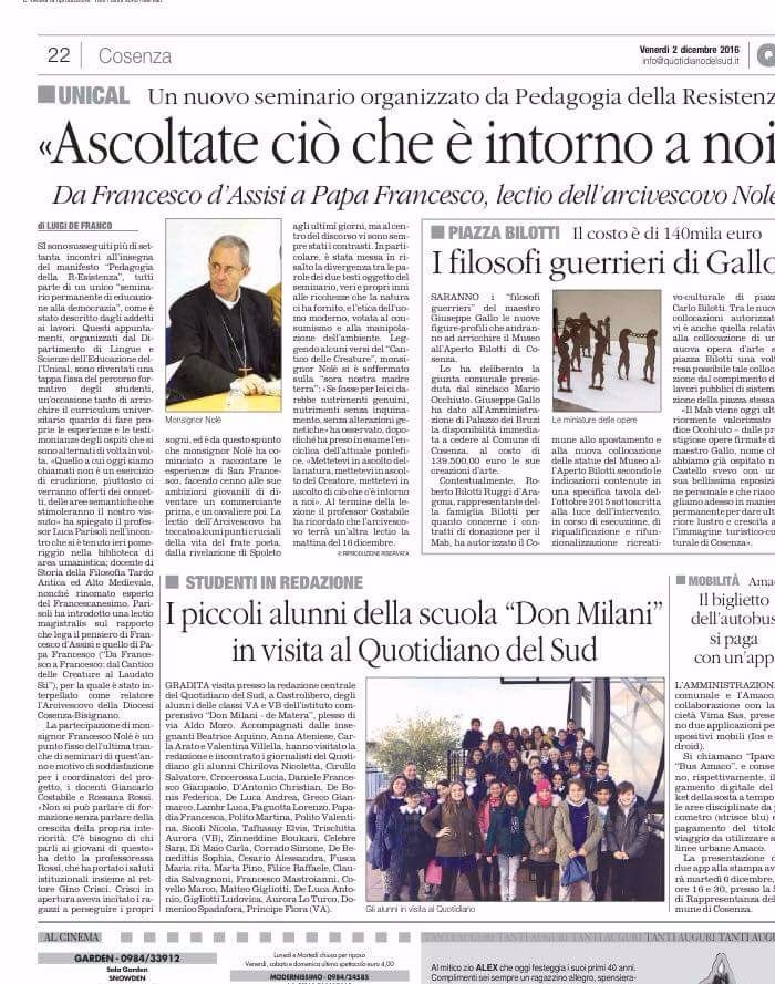 Il Quotidiano del Sud, a pagina 22, racconta il seminario con il Vescovo di Cosenza, Mons. Francesco Nolè.
