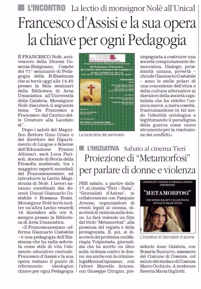 Il Quotidiano del Sud, a pagina 18, presenta il seminario con Mons. Francesco Nolè, Vescovo di Cosenza.