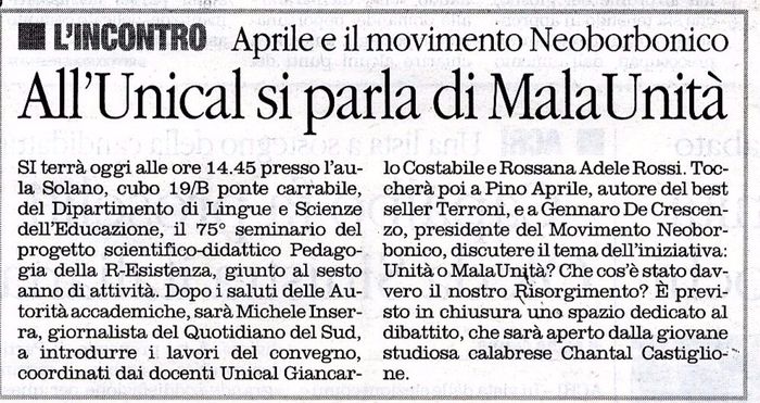 Il Quotidiano del Sud, a pagina 21, presenta il seminario di Pedagogia della R-Esistenza dedicato alla MalaUnità con Pino Aprile e Gennaro De Crescenzo.