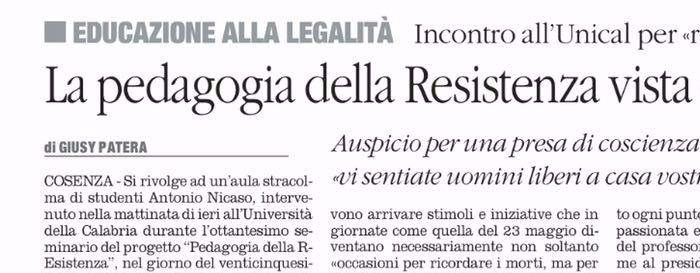Articolo de Il Quotidiano del Sud, pagina 14 dell'edizione regionale calabrese, sul seminario di PdR con il Prof. Antonio Nicaso del 23 maggio. 24 maggio 2017.