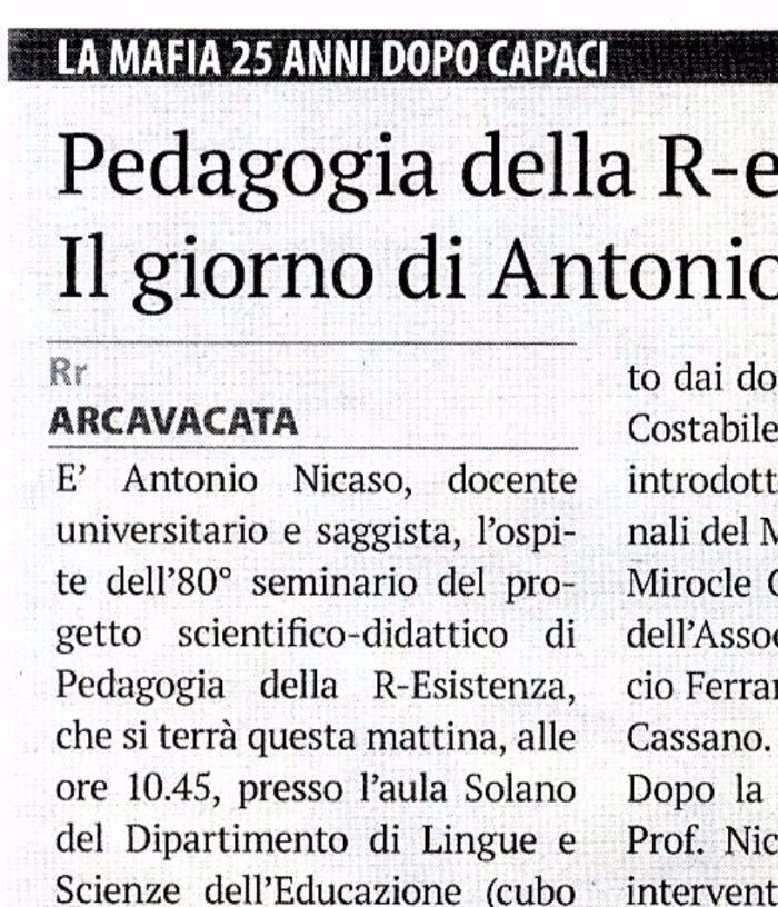 La Provincia di Cosenza, a pagina 13, presenta il seminario con il Prof. Antonio Nicaso. 
