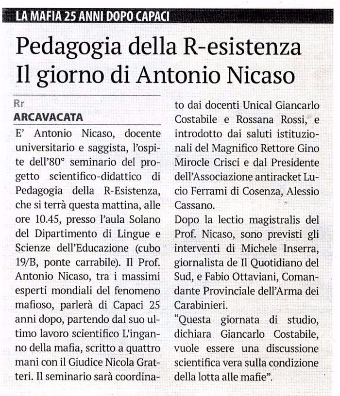 La Provincia di Cosenza, a pagina 13, presenta il seminario con il Prof. Antonio Nicaso. 