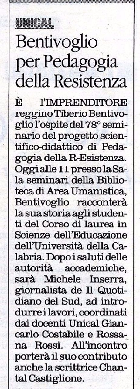 Il Quotidiano del Sud, a pagina 16, presenta l'iniziativa seminariale con Tiberio Bentivoglio. 