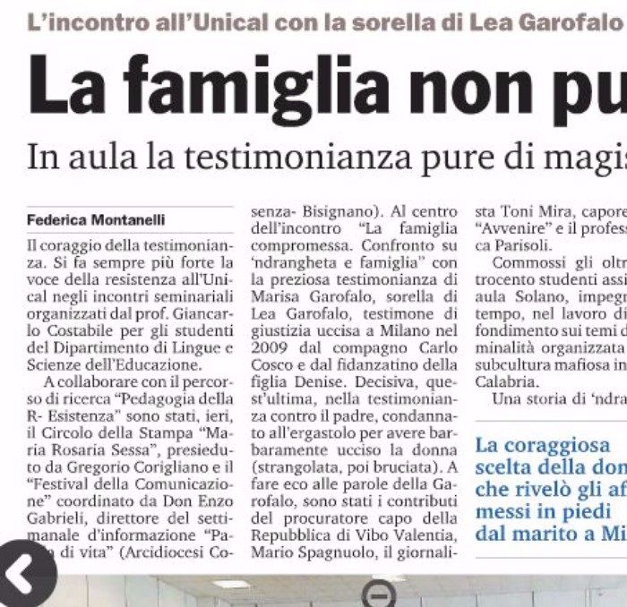 Gazzetta del Sud, pagina 26, racconta il seminario dedicato allo studio della famiglia di 'ndrangheta.